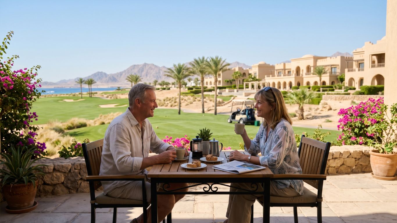 Coppia rilassata che gode di un caffè su una terrazza esterna soleggiata affacciata su un campo da golf a Soma Bay, con palme, un carrello da golf vicino e l'atmosfera tranquilla di un resort sul Mar Rosso