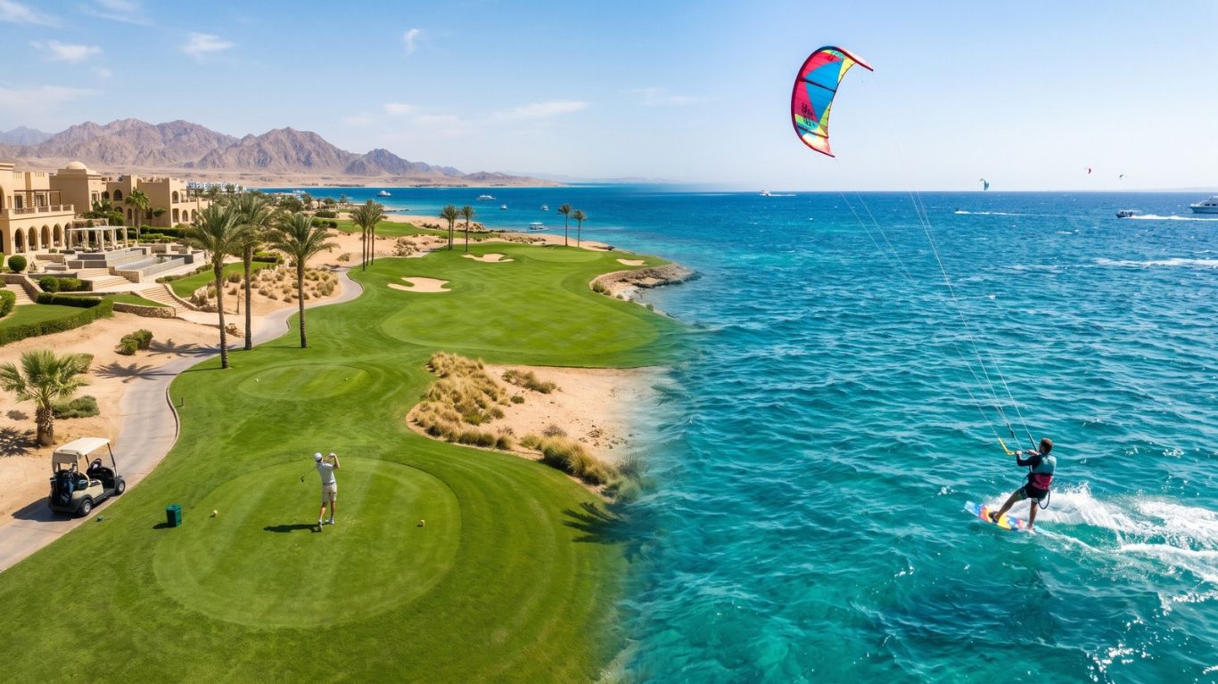 Foto lifestyle a scena divisa a Soma Bay: in primo piano un golfista su un fairway costiero ventoso, sullo sfondo un kitesurfer colorato che cavalca il Mar Rosso sotto un cielo luminoso e soleggiato