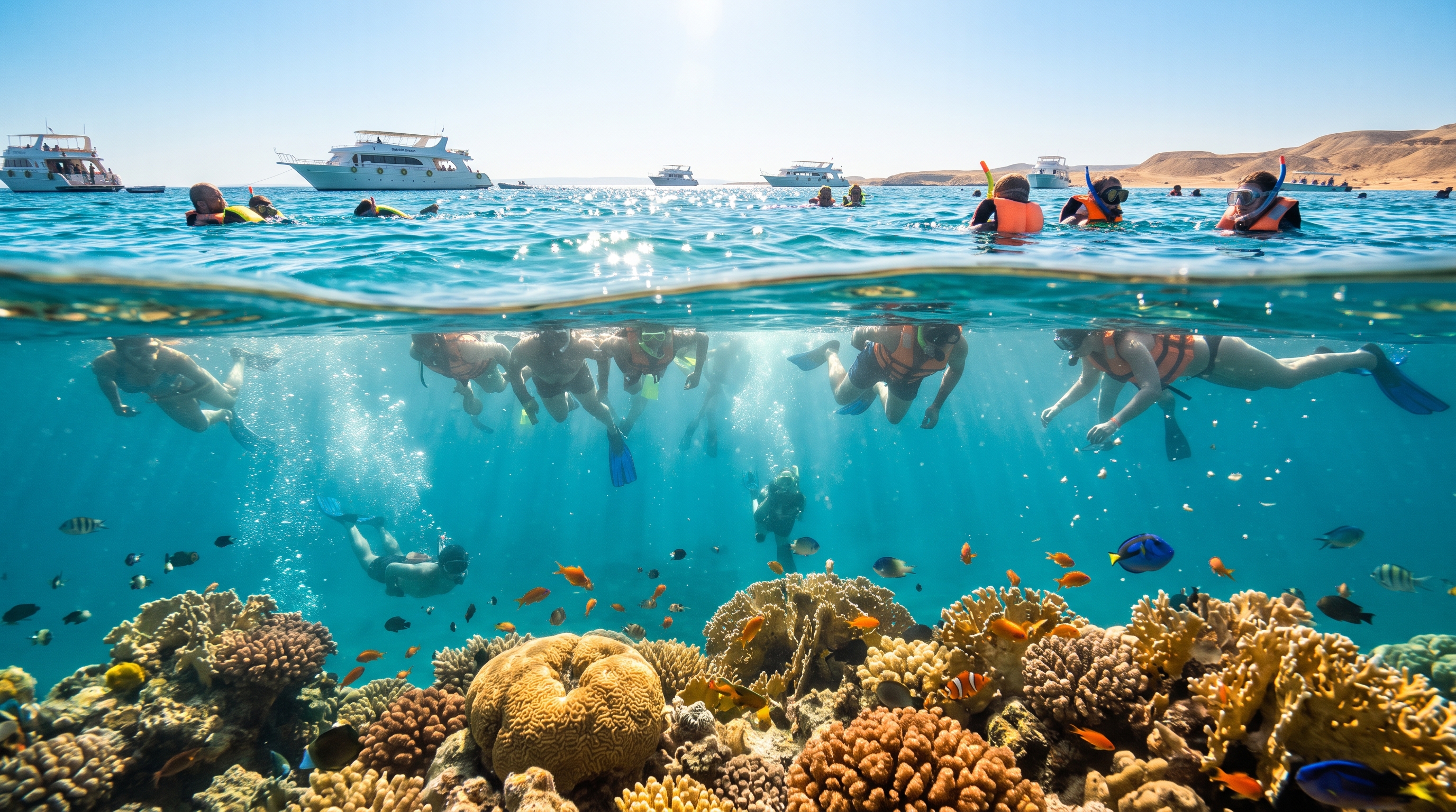 Küste des Roten Meeres bei Hurghada mit warmem türkisfarbenem Wasser, mildem Wetter und Urlaubern am Strand in den besten Reisemonaten